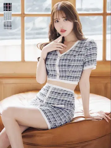 체크 무늬 트위드 셋업 드레스