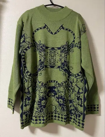 한국 구제 의류 레어 패턴 아크릴 스웨터 니트 올리브 그린 M