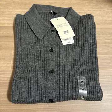 UNIQLO 메리노 리브 폴로 가디건 M 그레이