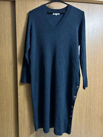 네이비 리브 긴팔 니트 원피스