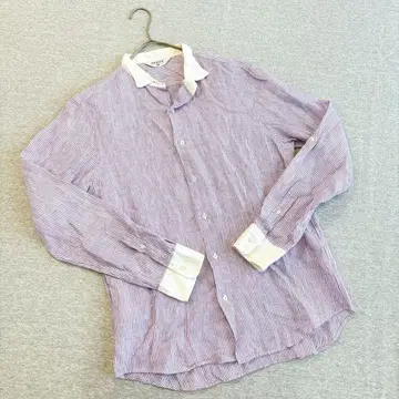 에디피스 긴팔 셔츠 40호 L 사이즈 린넨 100% 퍼플 스트라이프