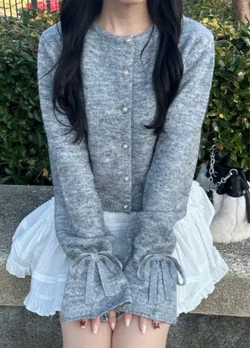 리본 슬리브 숏 기장 니트 가디건[tu1497] 그레이