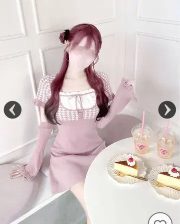 HONEY MEW 핑크 체크 무늬 니트 반팔 원피스