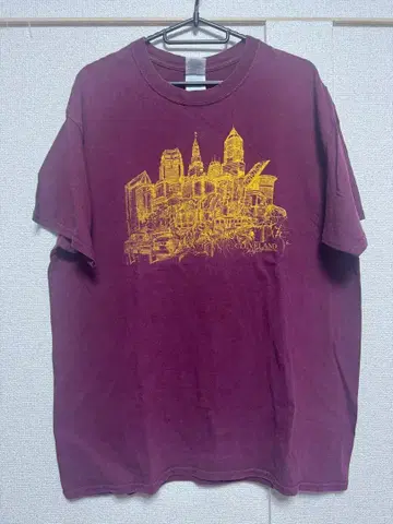 90s 빈티지 버건디 T셔츠 도시 스카이라인