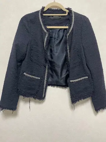 ZARA 네이비 트위드풍 프린지 자켓 숏 기장