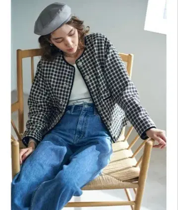 SINDIE 노카라 자켓 체크 무늬 배리에 트위드 자켓