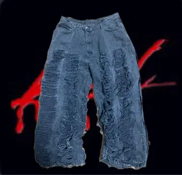 opium y2k 그런지 데미지 가공 다크 블루 와이드 레그 청바지 42