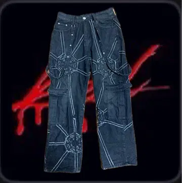 opium y2k 그런지 스파이더 그래픽 카고 팬츠 다크 블루