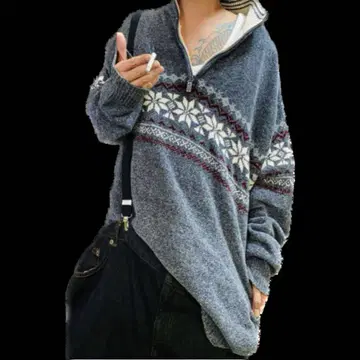 90s 새상품급 믹스 니트 노르딕 서리 내린 듯한 하프 지퍼 스웨터