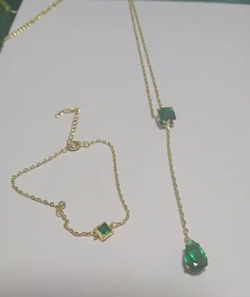 금 도금 그린 스톤 팔찌 & 목걸이 세트