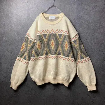 빈티지 니트 스웨터 L 구제 의류 올 패턴 베이지 그린 레트로