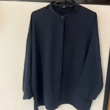 UNIQLO 네이비 버튼 7부 소매 드레이프 블라우스 XL