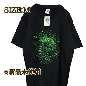새상품 T셔츠 블랙 스컬 스파크 그린 M 빅 프린트