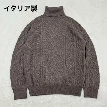 이탈리아제 터틀넥 니트 스웨터 케이블 짜임 울 혼방 브라운 XL 상당