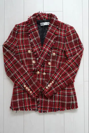 ZARA 빨간색 체크 더블 브레스트 트위드 자켓