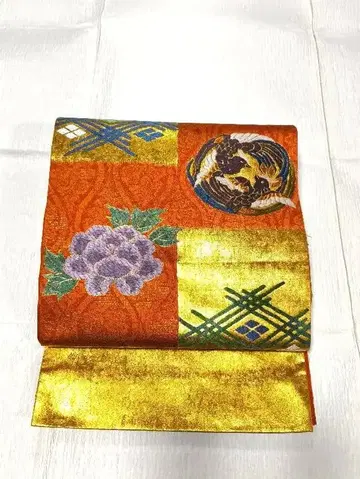 정가 980,000엔 화려한 후쿠로 오비 오렌지 금실 순수 실크