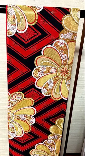 빨간색 금색 화문양 후쿠로 오비