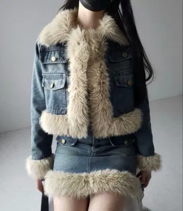 밈 셀렉 인조 모피 데님 자켓 & 퍼 미니 스커트