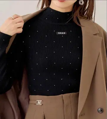 chico 스팽글 하이넥 리브 니트