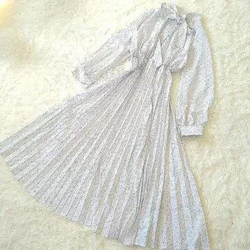 꽃무늬 밴드 카라 긴팔 롱 셔츠 원피스 플리츠 보타이 리본