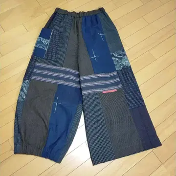 빈티지 원단 리메이크 줄무늬 목화 패치워크 디자인 와이드 팬츠