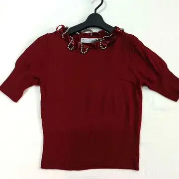 PRIDE 프라이드 펄톤 벨로아 리본 빨간색 5부 소매 니트 스웨터 38