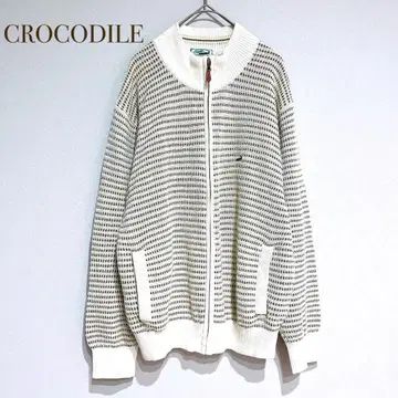 크로커다일 [ M ] 니트 블루종 코튼 린넨 도트 편직 풀 집업