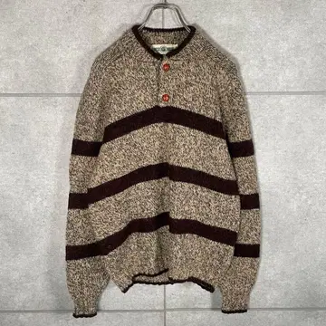 빈티지 니트 헨리넥 하프 버튼 90s 굵은 보더 아메카지