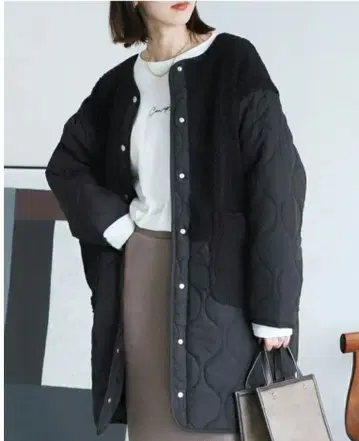 노카라 보아 절개 퀼트 코트 퀼팅 노카라 보아 롱 코트 충전솜