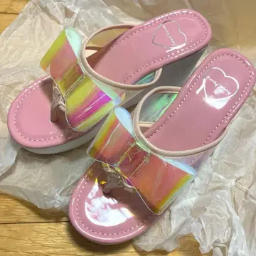 merry jenny PVC 리본 샌들 통굽 비치 샌들 핑크 M