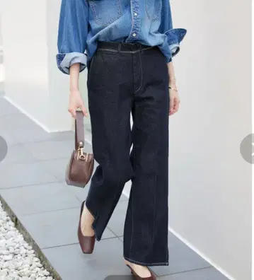 다크 데님 와이드 레그 팬츠 하이웨스트