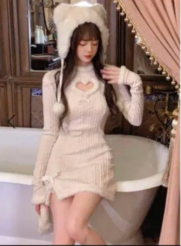 Bobon21 하트 슬림 LOOK 니트 원피스 화이트