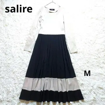 사리아 플리츠 맥시 길이 원피스 바이컬러 도킹 플레어 긴팔 M