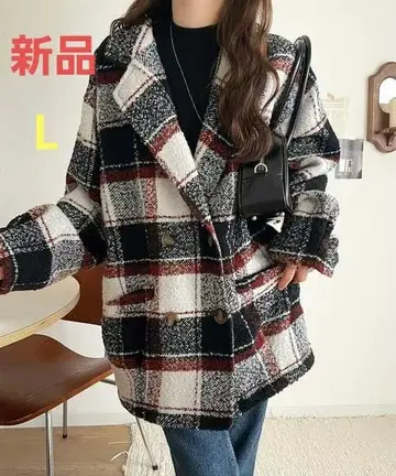 mily bilet 부클 체크 무늬 코쿤 실루엣 더블 자켓 코트