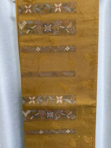 황토색 꽃 원단 패턴 순수 실크 후쿠로 오비