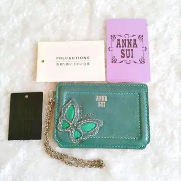 ANNA SUI 안나수이 나비 패스 케이스 그린 천연 가죽 체인 포함