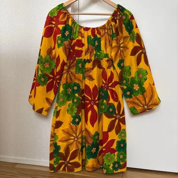 가을 컬러 70s 빈티지 원피스 하와이안 꽃무늬 사이키 패턴