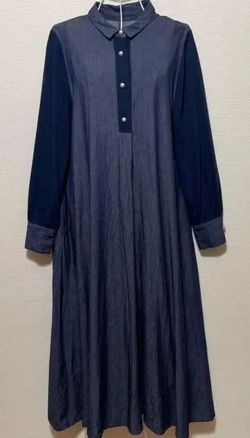 PLUS OTO.HA 데님 원피스 롱 원피스 펄 버튼