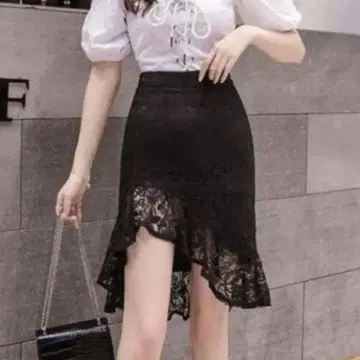 레이스 여성용 타이트 스커트 미디엄 스커트 프릴 레트로 L