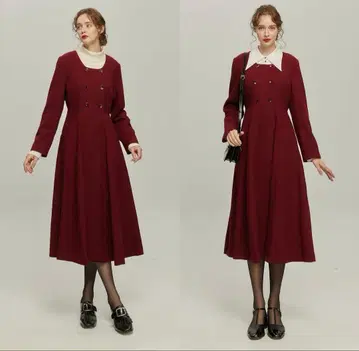 tnewties 울 더블 브레스트 롱 코트 와인 레드