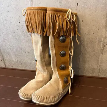 베이지 프린지 스웨이드 롱 부츠