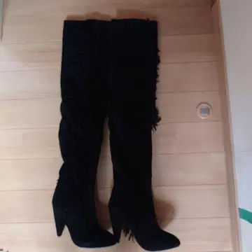 프린지 장식 블랙 니하이 부츠
