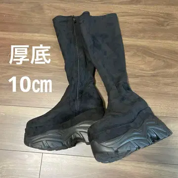 블랙 스웨이드 통굽 롱 부츠 벨로아