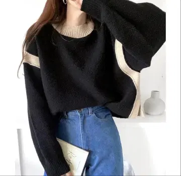 클래식 엘프 여성용 알파카 터치 사이드 배색 골지 니트 풀오버