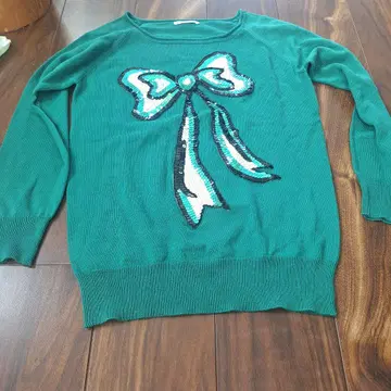 리본 자수 비즈 빈티지 레트로 그린 긴팔 스웨터