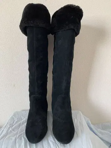 블랙 퍼 스웨이드 롱 부츠