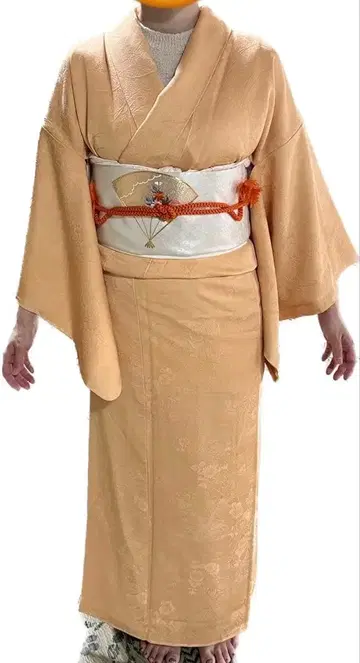 기모노 호몬기 오렌지 베이지 오비 세트