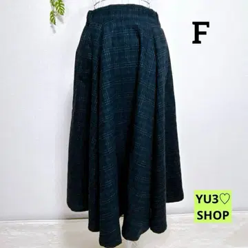 제나 F 롱 플레어 스커트 다크 블루 체크 무늬 레이온/울 혼방