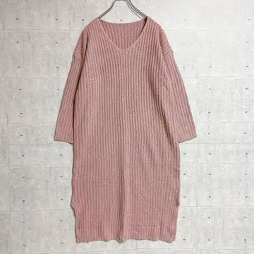 [피프스] 리브 니트 롱 원피스 V넥 슬릿 핑크 무지