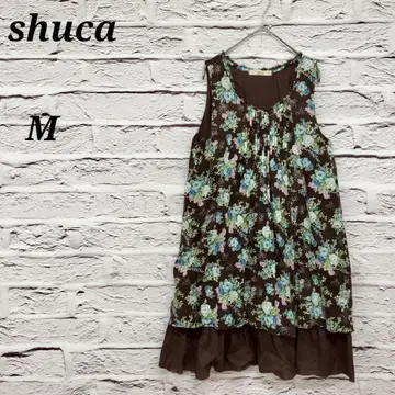 슈카 [ M ] 슬리브리스 미니 원피스 꽃무늬 핀턱 코튼 브라운